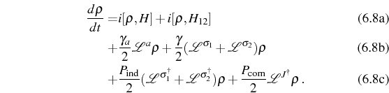 \begin{subequations}\begin{align}\frac{d \rho}{dt} =& i \lbrack \rho, H \rbrack ...
...frac{P_\mathrm{com}}{2} \mathcal{L}^{\ud{J}}\rho\,.\end{align}\end{subequations}