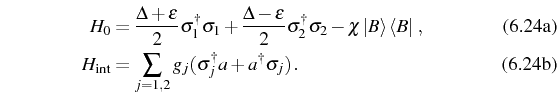 \begin{subequations}\begin{align}H_0&=\frac{\Delta+\epsilon}{2}\ud{\sigma_1}\sig...
...\sum_{j=1,2} g_j(\ud{\sigma_j}a+\ud{a}\sigma_j)\,. \end{align}\end{subequations}