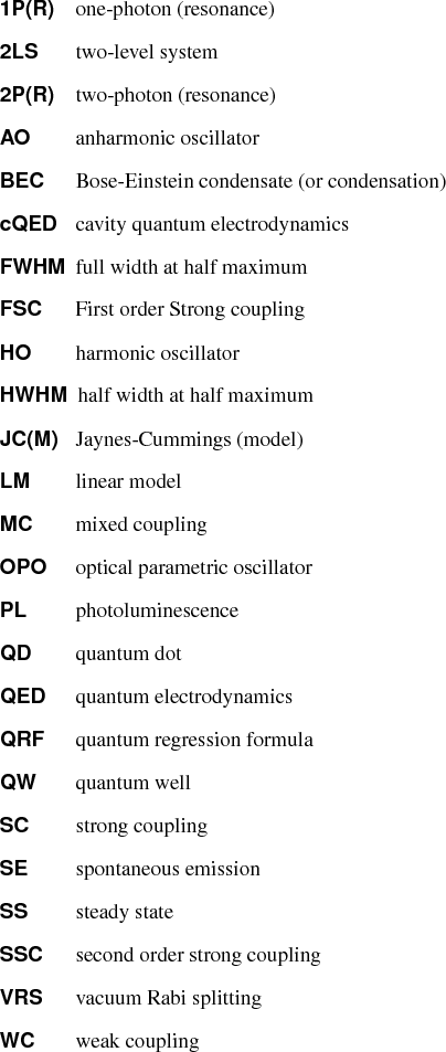 \begin{acronym}[FWHM]
%
\acro{1P(R)}{one-photon (resonance)}
\acro{2LS}{two-lev...
...pling}
\acro{VRS}{vacuum Rabi splitting}
\acro{WC}{weak coupling}
\end{acronym}
