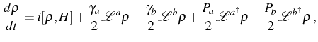 $\displaystyle \frac{d\rho}{dt}=i[\rho,H]+\frac{\gamma_a}{2}\mathcal{L}^a\rho+\f...
...+\frac{P_a}{2}\mathcal{L}^{\ud{a}}\rho+\frac{P_b}{2}\mathcal{L}^{\ud{b}}\rho\,,$